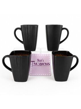 Baum GALAXY JADE Green Inside Lines Brown Sponge Rim Square 14oz Cups Mugs Set 4
